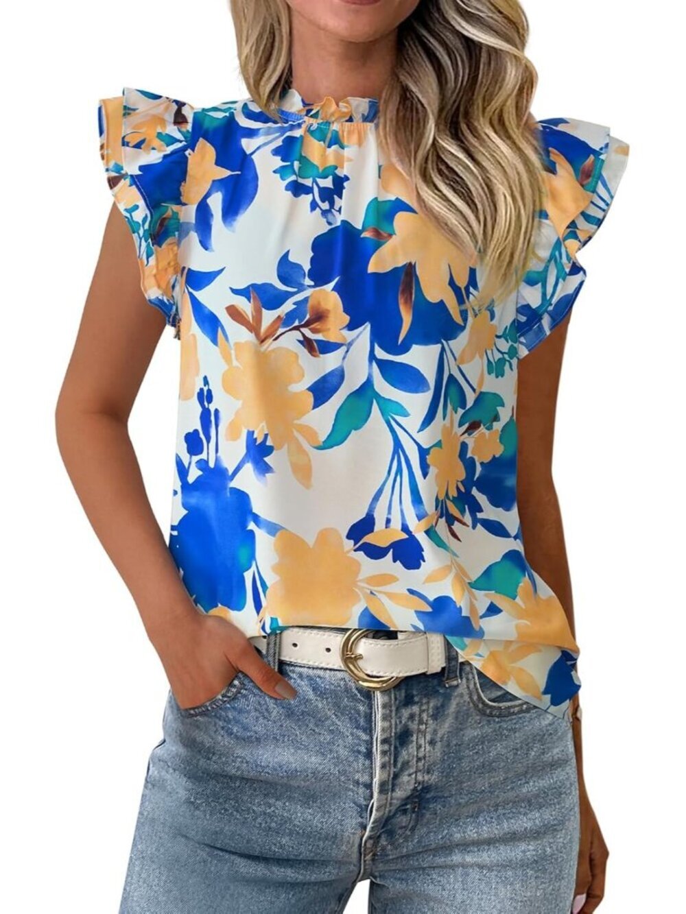 Women's White Blue Flower Floral Trim Neck Casual Short Sleeve Summer Tops